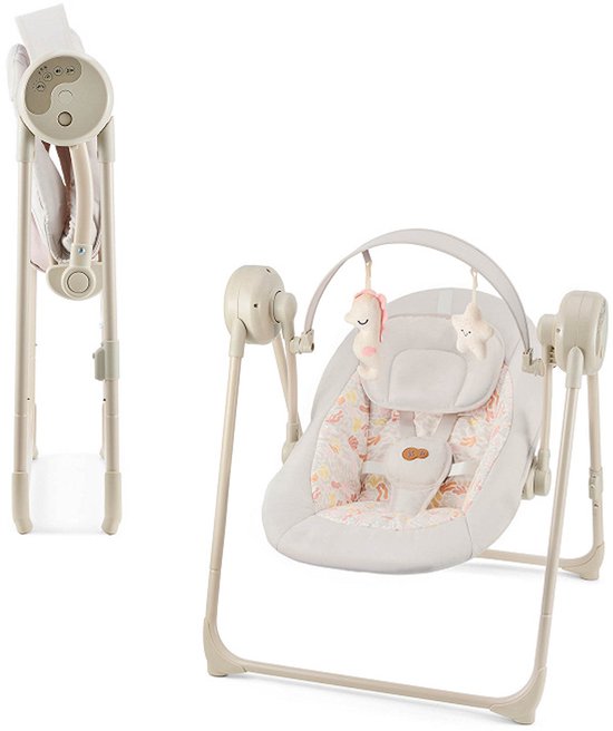 Kinderkraft SWINGEE – Elektrische babyschommel en wipstoel – 5 schommelsnelheden – Timer 8/15/30 min – 8 melodieën – Opvouwbaar en lichtgewicht 3,7 kg – 2 zitposities – 3 voedingsopties – Veiligheidsharnas – Speelgoedboog – Beige van Kinderkraft