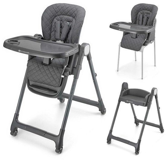 KinderKraft TULO 3-in-1 Meegroei Kinderstoel met Verstelbare Hoogte, Rugleuning en Voetsteun - Incl. Dubbele Afneembare Tafel, 5-Puntsgordel, Wieltjes met Rem en Afwasbare PU Bekleding - Compact Inklapbaar - Geschikt vanaf 6 Maanden tot 25 kg - Grijs van Kinderkraft
