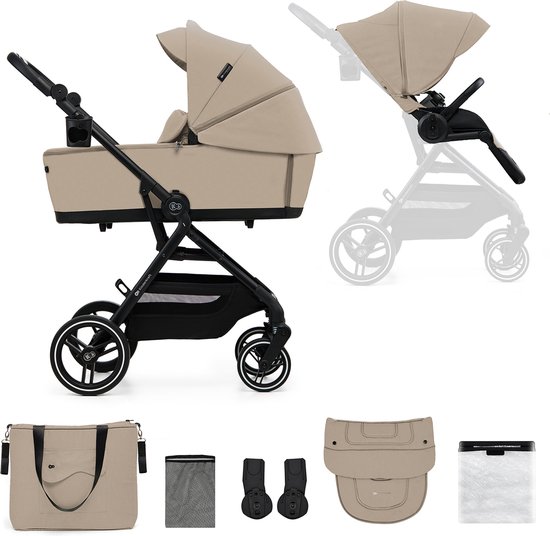 Kinderkraft YOXI - 2-in-1 Kinderwagen - Geschikt van geboorte tot 27 kg - Verstelbare rugleuning en voetensteun - Opvouwbaar en lichtgewicht - Inclusief regenscherm, voetenzak, muggennet, bekerhouder en luiertas - Duurzame, lekvrije wielen - Beige van Kinderkraft