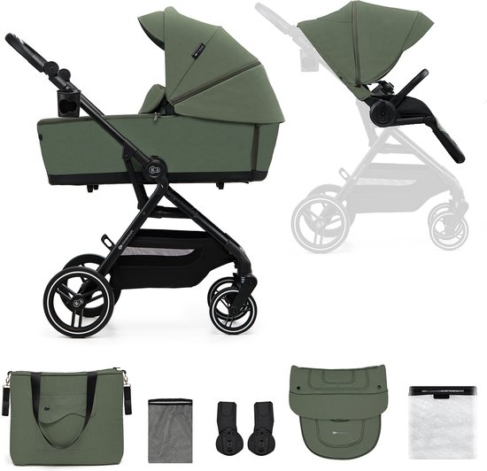 Kinderkraft YOXI - 2-in-1 Kinderwagen - Geschikt van geboorte tot 27 kg - Verstelbare rugleuning en voetensteun - Opvouwbaar en lichtgewicht - Inclusief regenscherm, voetenzak, muggennet, bekerhouder en luiertas - Duurzame, lekvrije wielen - Groente van Kinderkraft