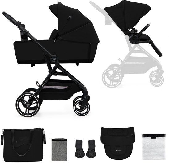 Kinderkraft YOXI - 2-in-1 Kinderwagen - Geschikt van geboorte tot 27 kg - Verstelbare rugleuning en voetensteun - Opvouwbaar en lichtgewicht - Inclusief regenscherm, voetenzak, muggennet, bekerhouder en luiertas - Duurzame, lekvrije wielen - Zwart van Kinderkraft