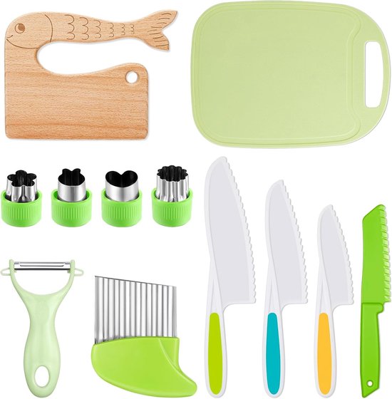 Kindermessen, 12-delige set, houten keukenmessen voor koken en snijden, keukenmessen voor kleine kinderen, inclusief golfsnijplank, uitsteekvormen en Y-dunschiller van Kinder