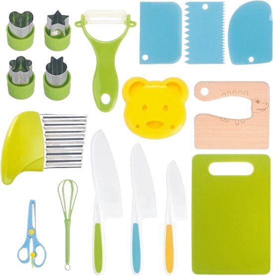 Kindermessen - 17-Delig Set - Keukenset Kind - Keuken - Koksmes - Kinderbestek - Kindermes - Uitsteekvormpjes - Keukenset - Kindermessenset - Le Petit Chef van Kinder