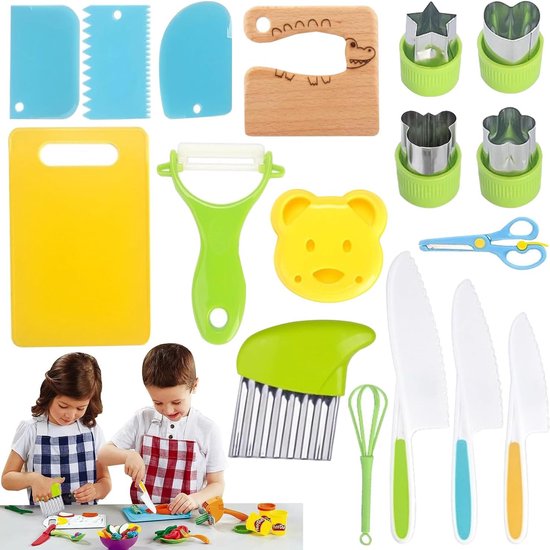 Kindermessen, 17-delige kinderkookset, leren snijden voor peuters, inclusief snijplank, golfsnijder, Y dunschiller enz., Montessori keukengerei van Kinder