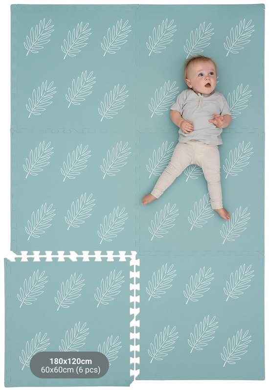 KinderNest Schuim Baby Speelmat - 6-delig, Antislip, Zacht & Waterdicht Kruipmat - Eucalyptus Bladeren - 180x120 cm