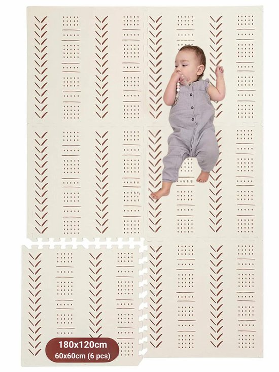 KinderNest Schuim Baby Speelmat - 6-delig, Getest Veilig, Antislip, Zacht & Waterdicht Kruipmat - Beige, 180x120 cm van Merkloos