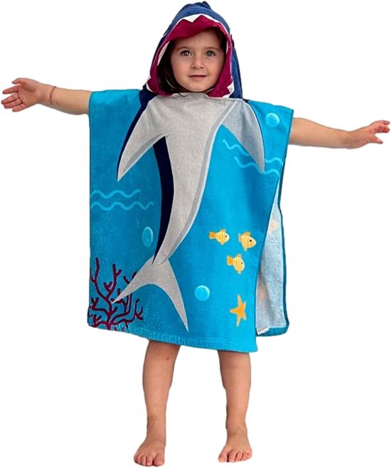 Kinderponcho Badhanddoek - Capuchonhanddoek Strandhanddoek - Na het zwemmen - 100% Katoen Badstof - 55 x 50 cm - Haai