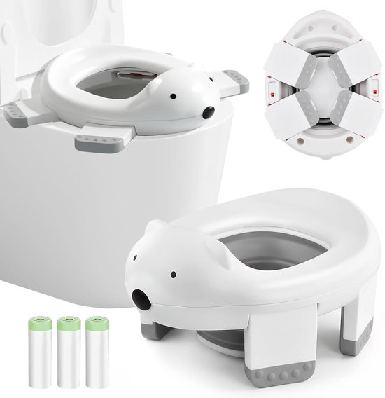 Kinderpotje 2-in-1 - Babytoilet draagbaar - Zindelijkheidstraining thuis - Opvouwbaar ijsbeerdesign - 33cm - Wit