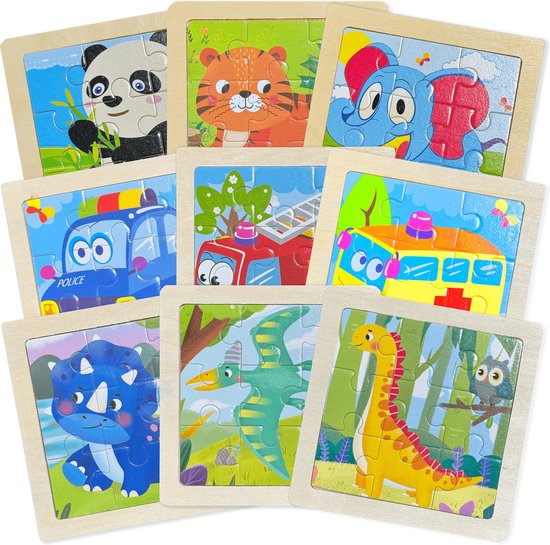 Kinderpuzzel Hout - Puzzel 9 stukjes - 9 puzzels - Puzzel voor peuter - Houten Puzzel - Dieren - Auto - Dinosaurus - Kinderspeelgoed - Uitdeelcadeaus - Cadeau - Jongen - Meisje - Speelgoed - 1 jaar - 2 jaar - 3 jaar - Kleuter - Dreumes van Merkloos