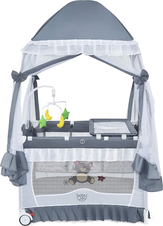 Kinderreisbed, opvouwbaar, reisbed, inklapbaar met speelgoed en muggennet en muziek, mobiel babybed met draagtas, kinderbed, klapbed voor kinderkamer, reisbed baby (grijs) van Kinder