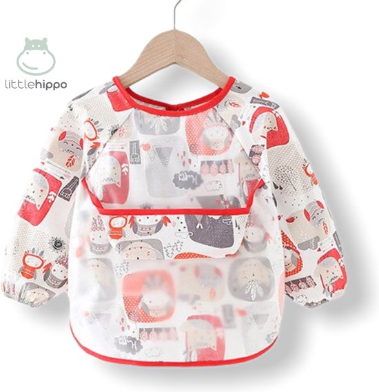 Kinderschort 'Indian' lange mouwen - Slab met mouwen - Slabbetje Little Hippo - Waterproof - Knutselen - Kliederschort - 12 tot 36 mnd van Kinder
