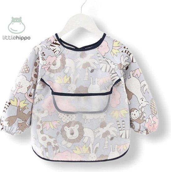 Kinderschort 'Jungle' lange mouwen - Slab met mouwen - Slabbetje Little hippo - Waterproof - Knutselen - Kliederschort - 12 tot 36 mnd van Kinder
