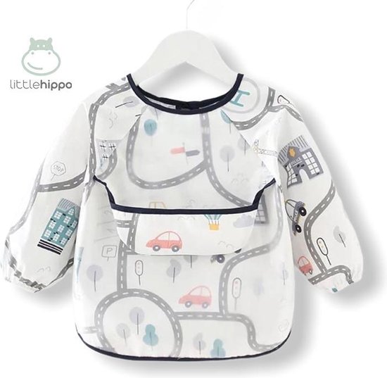 Kinderschort 'Roads' lange mouwen - Slab met mouwen - Slabbetje Little hippo - Waterproof - Knutselen - Kliederschort - 12 tot 36 mnd van Kinder