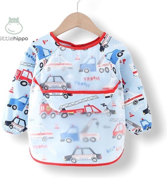 Kinderschort 'Vroom' lange mouwen - Slab met mouwen - Slabbetje Little hippo - Waterproof - Knutselen - Kliederschort - 12 tot 36 mnd van Kinder