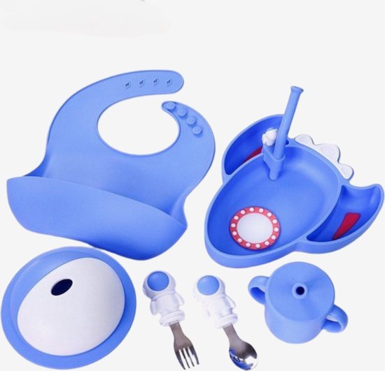 Kinderservies Astronauten Set van 6 voor Kinderen - Bord/Lepel/Vork/Beker/Slabbetje/Kommetje - BPAVRIJ Anti slip Ftalaatvrij - Baby servies - Kinderservies - Kinderbord - Blauw - Magnetron - Vaatwasser van Kinder