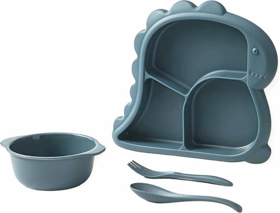 Kinderservies - Baby servies - 4-delig set - bord - kom - vork - lepel - Dino blauw van Kinder