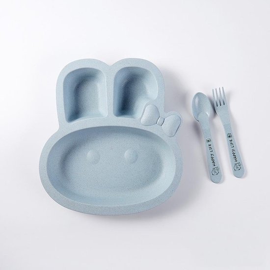 Kinderservies - Kinderbord - Vakjesbord - Bord met vakken voor baby peuter en kleuter - Met lepel en vork - Duurzaam - Kraam cadeau - Konijn - Blauw - 1 set van Kinder