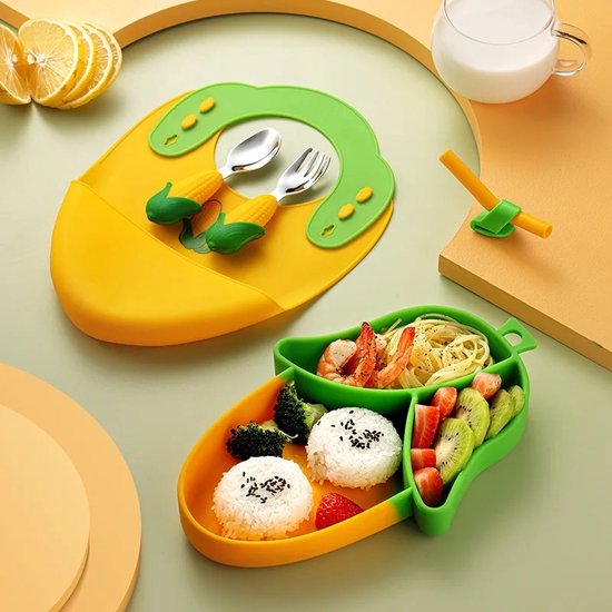 Kinderservies Mais Set van 4 voor Kinderen - Bord/Lepel/Vork/Slabbetje - BPAVRIJ Anti slip Ftalaatvrij - Baby servies - Kinderservies - Kinderbord - Magnetron - Vaatwasser van Kinder