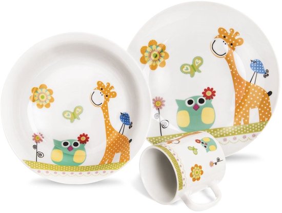 Kinderservies Porselein GIRAFFE 3 delig - Serviesset - Servies Set - Bordenset - Borden - Kinderbestek - Kraamcadeau - voor Kinderen van Merkloos