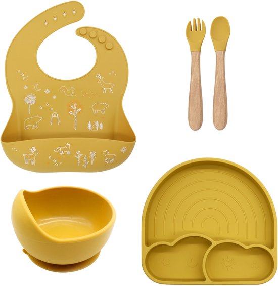 Kinderservies set - 4 delig (Mango) - Regenboog - Siliconen - Antislip - Baby - Kind - Kinderbord - Kommetje - Slabber met opdruk - Besteksetje - Met zuignap - Vanaf 6 maanden - Kraamcadeau – Babyshower cadeau van Kinder