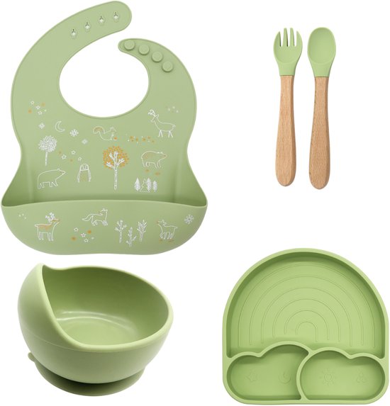 Kinderservies set - 4 delig (Olijfgroen) - Regenboog - Siliconen - Antislip - Baby - Kind - Kinderbord - Kommetje - Slabber met opdruk - Besteksetje - Met zuignap - Vanaf 6 maanden - Kraamcadeau - Babyshower cadeau van Kinder