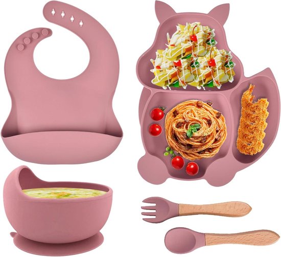 Kinderservies Set Siliconen - Roze - Voederset Baby met Bord - Schaal met Zuignap - Lepel Vork - Slabbetje - Antislip - Waterdicht - Veilige Training - Servies Set voor Kinder Meisje - Leren Eten van Kinder