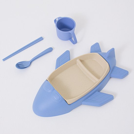 Kinderservies Set vliegtuig – Baby Servies – Peuterbord met Vakjes – 5-delige Eetset met Bestek, Beker & vliegtuigbord – Duurzaam Wheat Straw – BPA-vrij – Voertuigen Servies – Lunchset Kind – Cadeau voor Peuters & Kleuters – Blauw van Merkloos