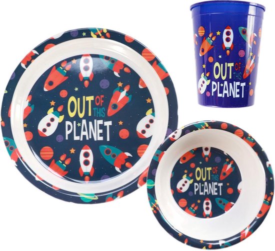 Kinderservies thema ruimte – 3 delige ontbijtset voor kinderen beker kom bord met raket – dinerset melkbeker peuters – robuust melamine + drinkbeker 100% BPA vrij – MS05 van Kinder