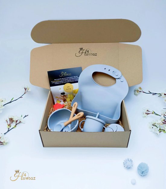 Kinderserviesset - Kraamcadeau met naam - Hawsaz.nl cadeau - Babygeschenkset - kinderbestek - Baby eten - Baby verzorging - Geboortecadeau - Kraampakket - Babyshower cadeau - Cadeau voor jongens en meisjes - Baby en Peuter - Siliconen Kinderservies van Kinder