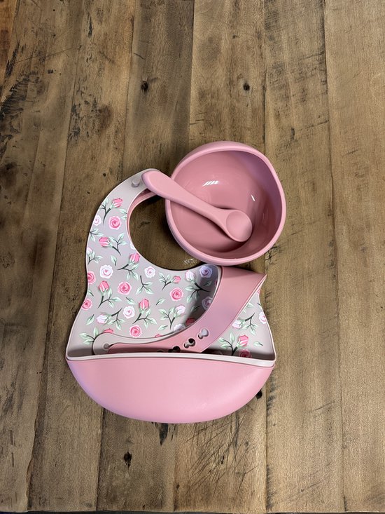 Kinderserviesset siliconen met zuignap (Roze) - 2 slabbetjes met detail - 1 kommetje met zuignap - 4-delig - Magnetron/Vaatwas bestendig - Siliconen eetset - Baby bestek van Kinder