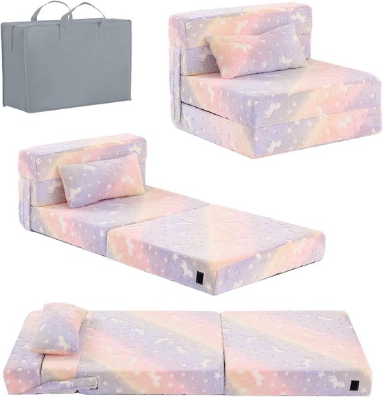Kindersofa Bed, Kindervloermatras Gloeiend in het Donker, Baby Modulaire Blauwe Dinosaurus Bank, Opklapbare Kindersofa Converteerbare Futon Opklapbare Matras Stoel Bed voor Speelkamer, Paard
