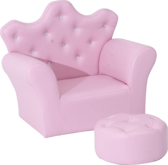 Kindersofa met kristallen knoppen en poef roze van Kinder