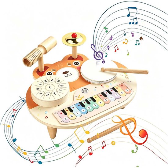 Kinderspeelgoed Voor Instrumenten - 5 in 1 Houten Trommel En Piano - Montessori Educatief Speelgoed - Geschikt Voor Jongens En Meisjes Van 1-3 Jaar