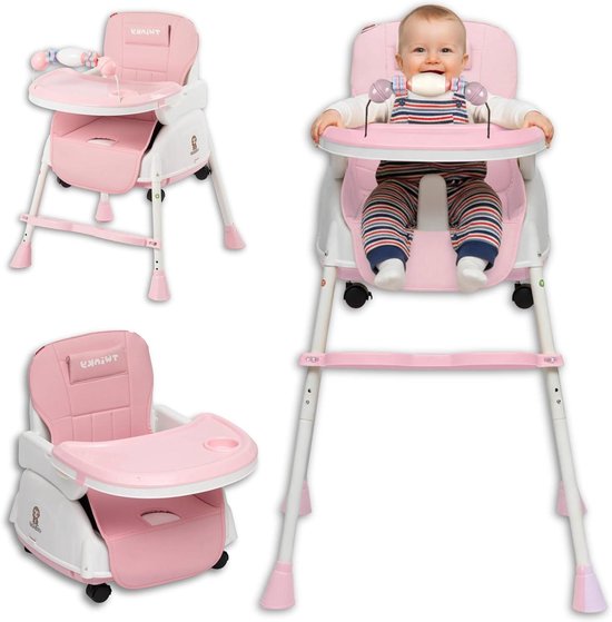 Kinderstoel 2-in-1 - Groeistoel peuter - Eten spelen - Inklapbaar ruimtebesparend - 6 maanden tot 4 jaar - Roze wit