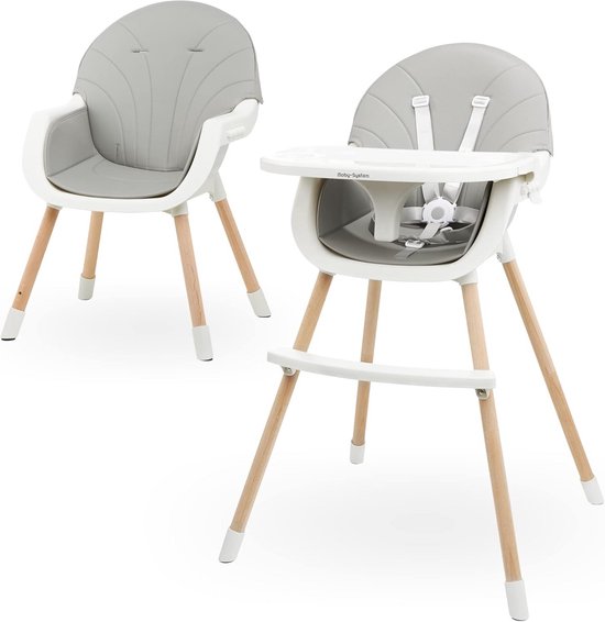 Kinderstoel 3-in-1 - Babystoel met dienblad - Veilig Eten - Groeit mee met kind - Hout Beukenhout - Lichtgrijs