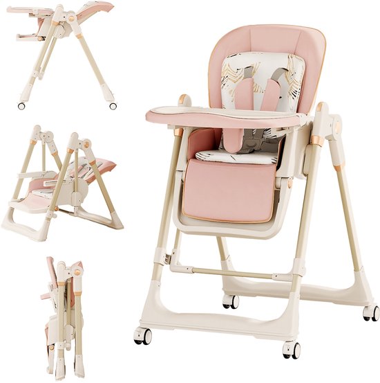 Kinderstoel 4 In1-3 kantelstanden-5 Hoogtestanden-Wieltjes-Schommelstoel voor baby's vanaf 3 maanden-Roze van Merkloos
