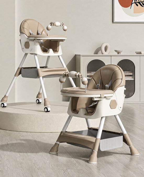Kinderstoel Baby Inklapbaar & Verstelbaar – Hoge Kinderstoel met Dubbel Afneembaar Dienblad, 5-Punts Veiligheidsgordel, Wielen met Rem, Opbergtas & Verstelbare Rugleuning – Beige