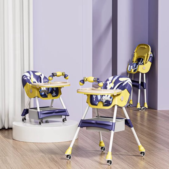 Kinderstoel Baby Inklapbaar & Verstelbaar – Hoge Kinderstoel met Dubbel Afneembaar Dienblad, 5-Punts Veiligheidsgordel, Wielen met Rem, Opbergtas & Verstelbare Rugleuning – Blauw/Geel