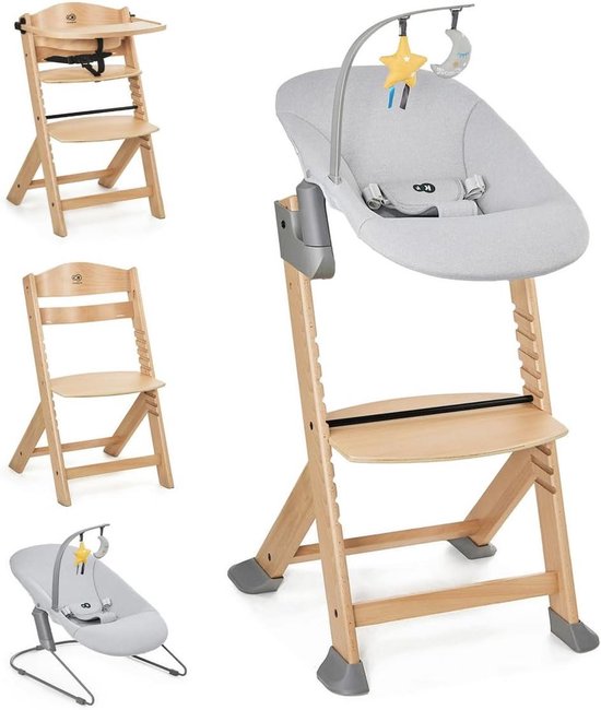 Kinderstoel Bouncer Set - Baby Stoel - Groeit Mee - Natuurlijk Beukenhout - Tot 10 Jaar - Grijs