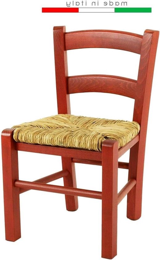 Kinderstoel Hout - Kindertroon Stoel - Aan Tafel Zitten - Handgevlochten Stro Zitting - 50 cm Hoog - Rood