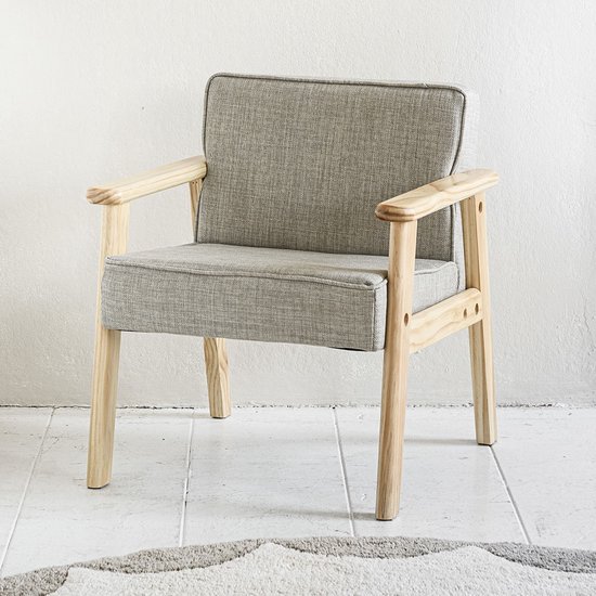 Kinderstoel Hout - Stijlvol in elke kamer - Creëer een eigen plekje waar je kind comfortabel kan zitten in zijn of haar eigen 'grote' stoel - Bekleed met zacht polyester en voorzien van massief houten leuningen - Grijs - Retro Collectie van Kinder