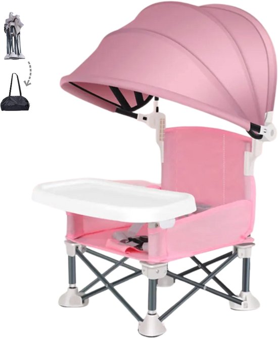 Kinderstoel Inklapbaar - Stoelverhoger - Zitverhoger - Kinderstoel - Kinder Eetstoel - Eetstoel Baby - Incl. Draagtas & Bevestingingsriemen- Roze met Zonwering van Merkloos