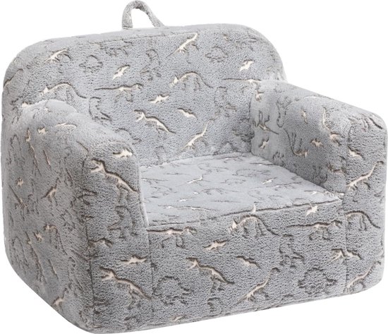 Kinderstoel Kinderbank - oplichtend in het donker, ultra-zacht schuim, enkele stoel met knuffelsherpa, grijs met dinosaurus motief van Kinder