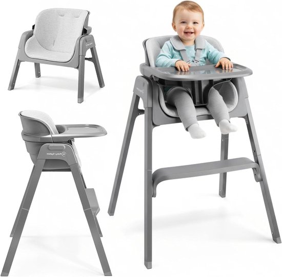 Kinderstoel Opvouwbaar - Eetstoel Baby - Veilig Eten - 3-in-1 Flexibel - Vanaf 6 Maanden - Grijs