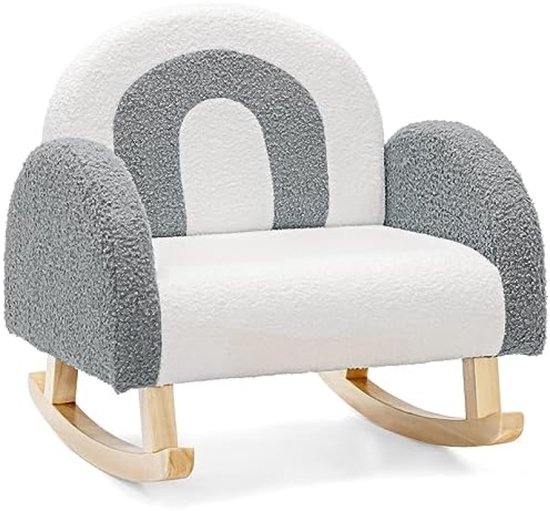 Kinderstoel Schommelstoel Teddy Fluweel Zachte Peuterstoel Meisjes Jongens Kinderbank Massief Houten Poten Antislip Grijs Kinderkamer van Merkloos