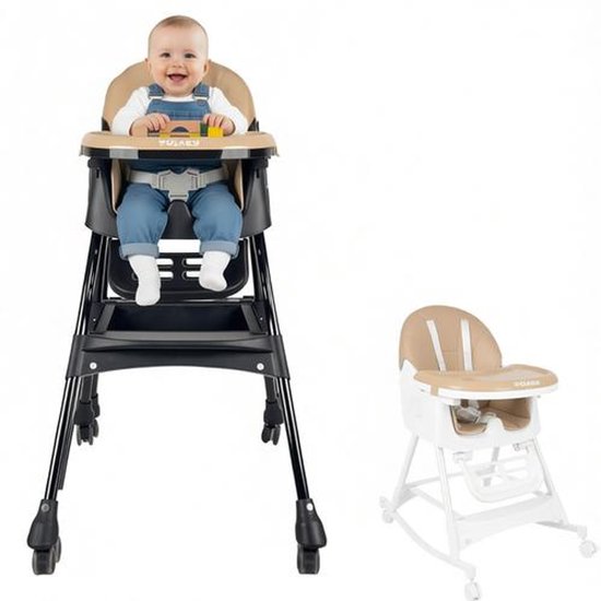 Kinderstoel SWING 3-in-1 – Inklapbare Eetstoel met Schommel & Wagentje – Meegroeistoel van 6 maanden tot 5 jaar – Beige en Zwart