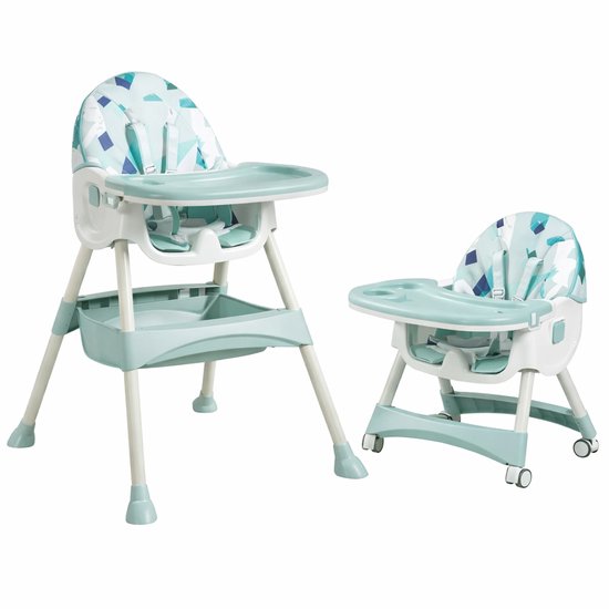 Kinderstoel voor baby/kind-Verstelbare hoogte met 5 puntsgordel-3 in1 Babystoel op wieltjes-Afneembaar blad - Groen van Merkloos