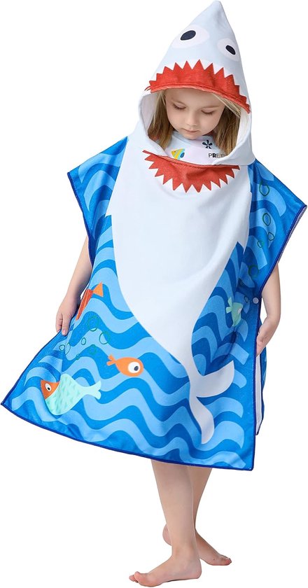 Kinderstrandlakenponcho met kap - Badponcho voor kinderen voor bad, zwembad en zwemmen - Badmode om aan te trekken (Grijze Haai)