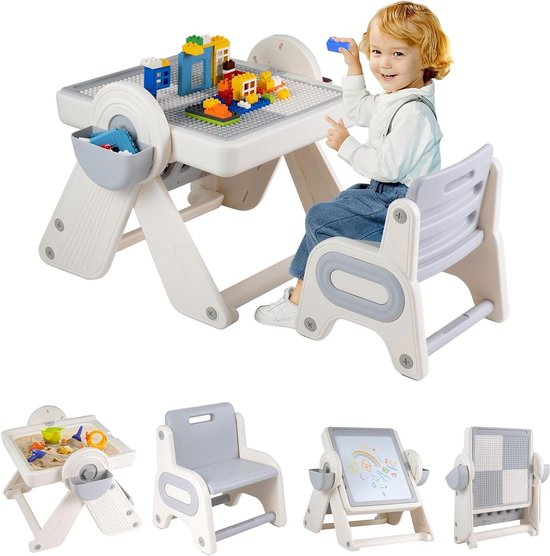 Kindertafel en stoel - Bureau set - Spelen en leren - In hoogte verstelbaar - Tafel 67x82x49-58cm - Grijs