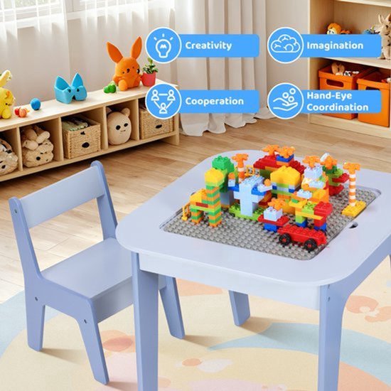 Kindertafel En Stoelenset - Grijs - Houten Activiteitentafel - Bouwsteentafelblad - Met Opbergruimte - Voor Peuters En Kleuters